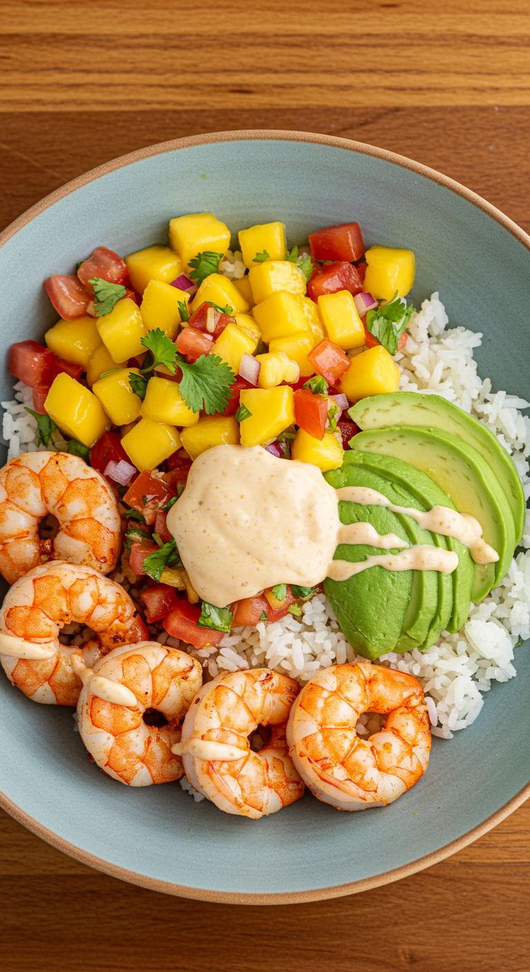 Shrimp and Avocado Bowls with Mango Salsa & Lime-Chili Sauce