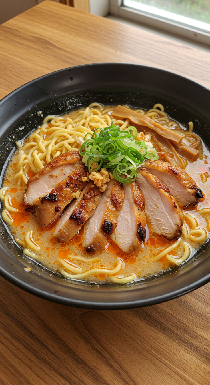 Fiery Chicken Ramen with Creamy Garlic Sauce