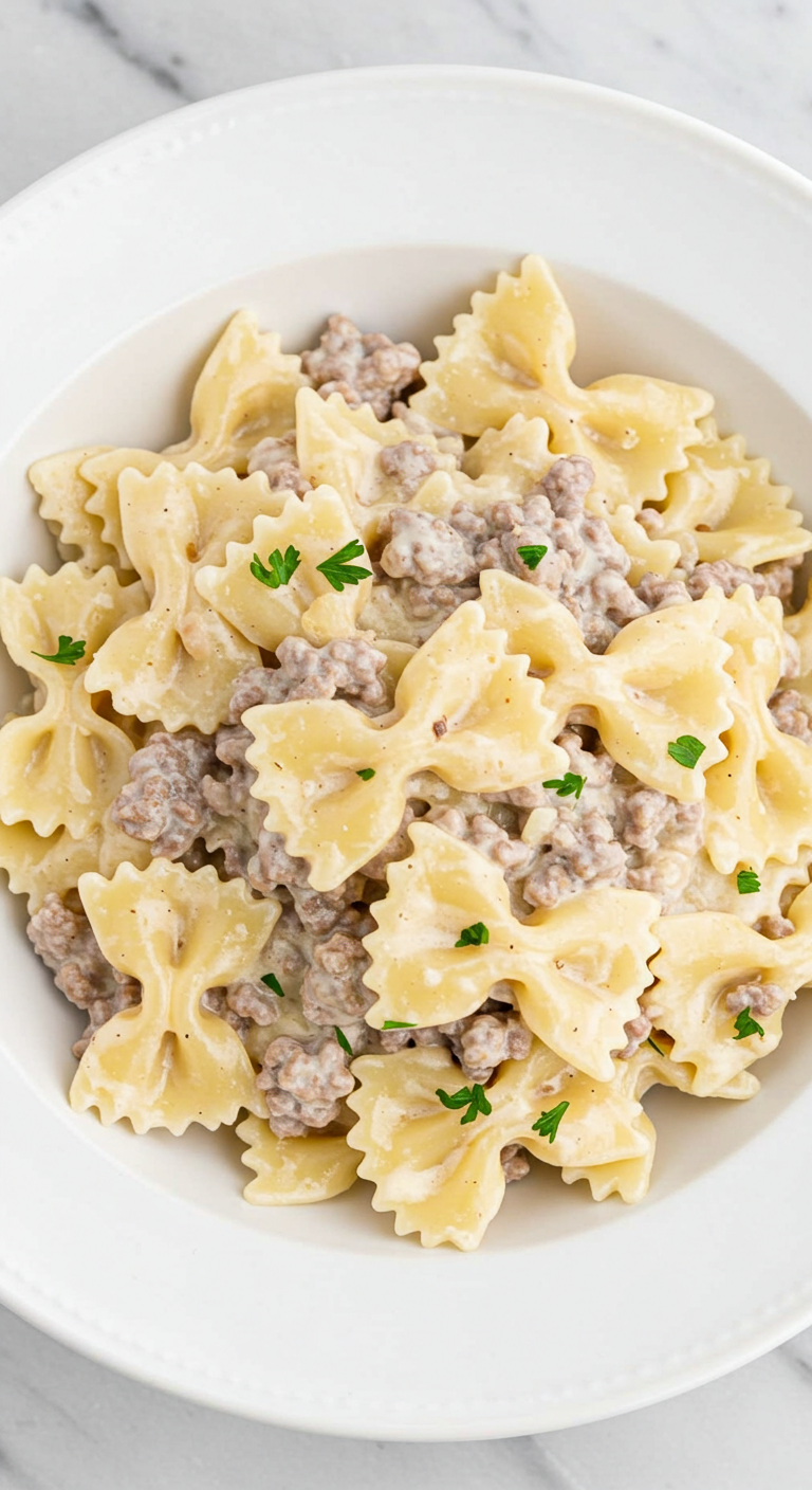 Creamy Beef Bowtie Pasta with Garlic Parmesan Sauce