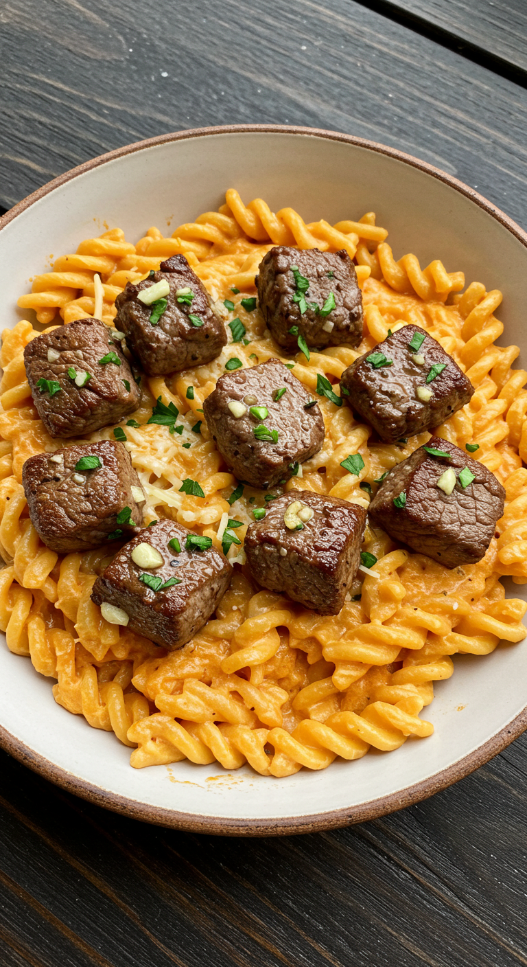 Garlic Parmesan Steak Bites with Cajun Twisted Pasta