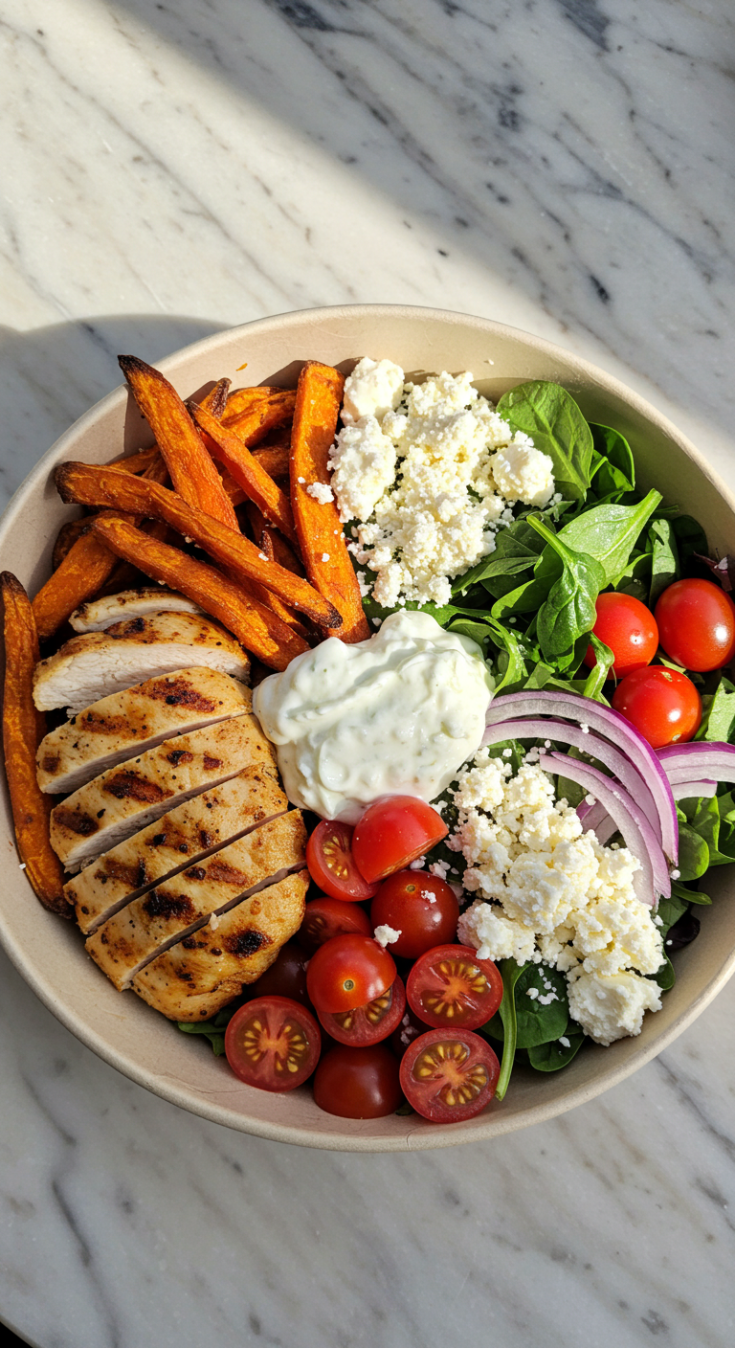 Grilled Chicken Power Bowl with Tzatziki and Sweet Potato Fries