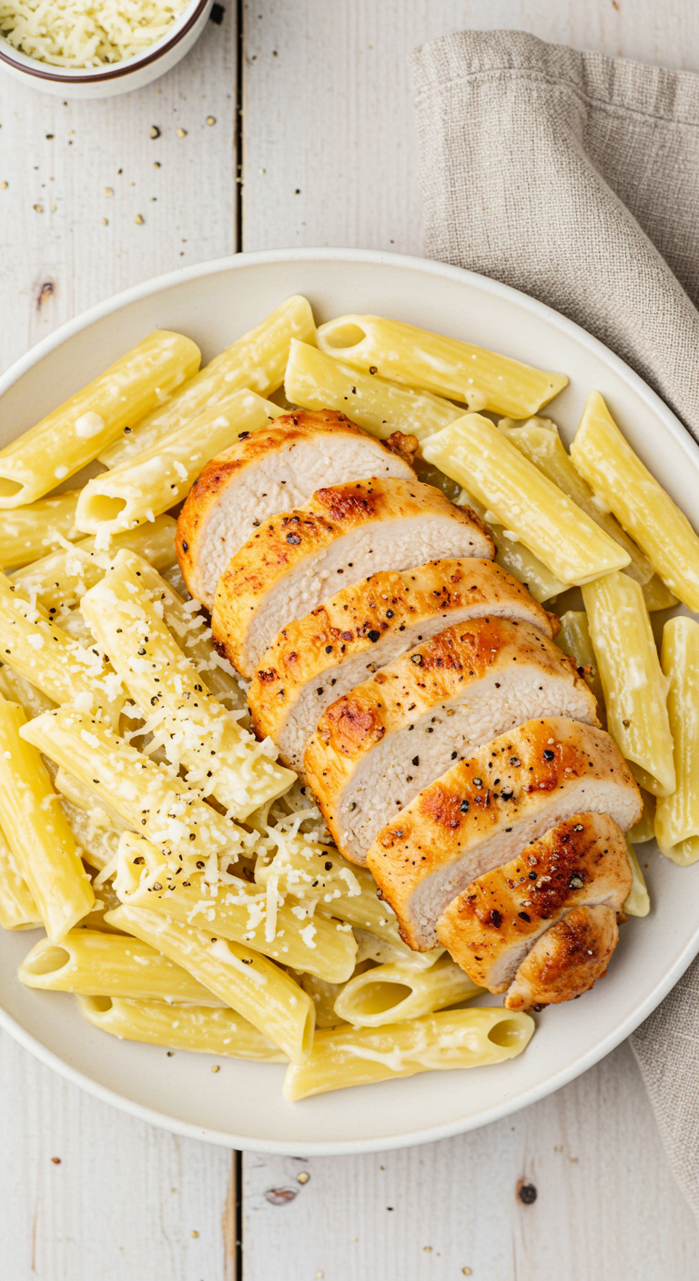 Creamy Garlic Butter Chicken and Rigatoni in Parmesan Sauce