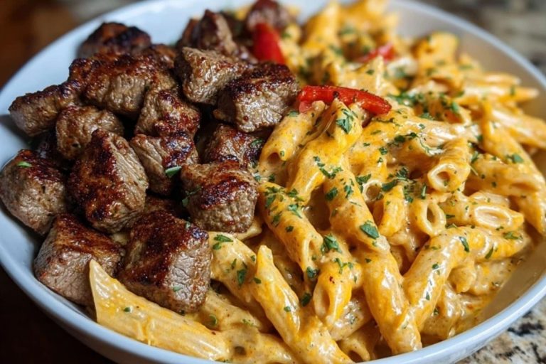 Cajun Steak Tips in Cheesy Penne Parmesan Sauce