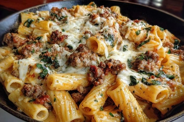Cheesy Beef and Italian Sausage Rigatoni in Garlic Butter Sauce