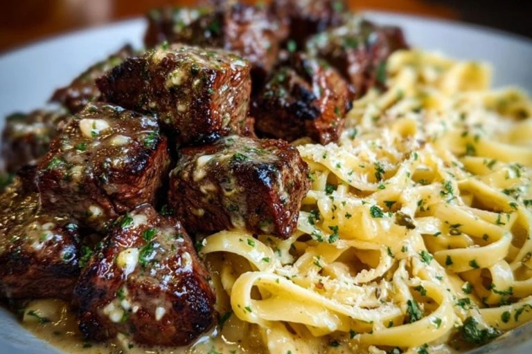 Cheesy Garlic Steak Bites over Creamy Linguine Pasta