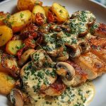 Chestnut Garlic Greek Chicken Alfredo with Sage Potatoes & Mushroom Basil Pesto Cream