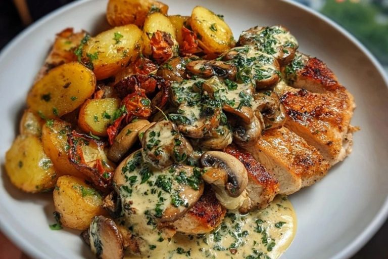 Chestnut Garlic Greek Chicken Alfredo with Sage Potatoes & Mushroom Basil Pesto Cream