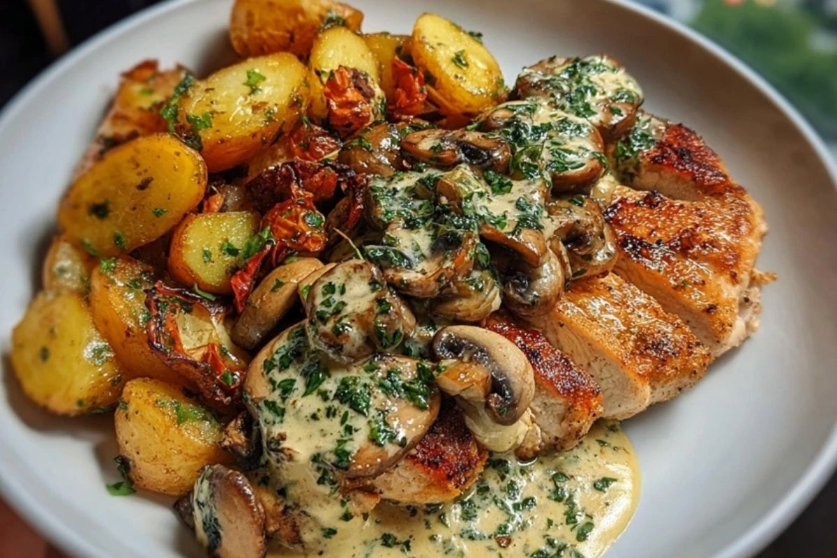 Chestnut Garlic Greek Chicken Alfredo with Sage Potatoes & Mushroom Basil Pesto Cream