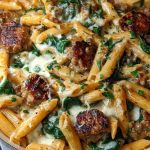 Creamy Garlic Butter Beef Penne with Sausage and Spinach