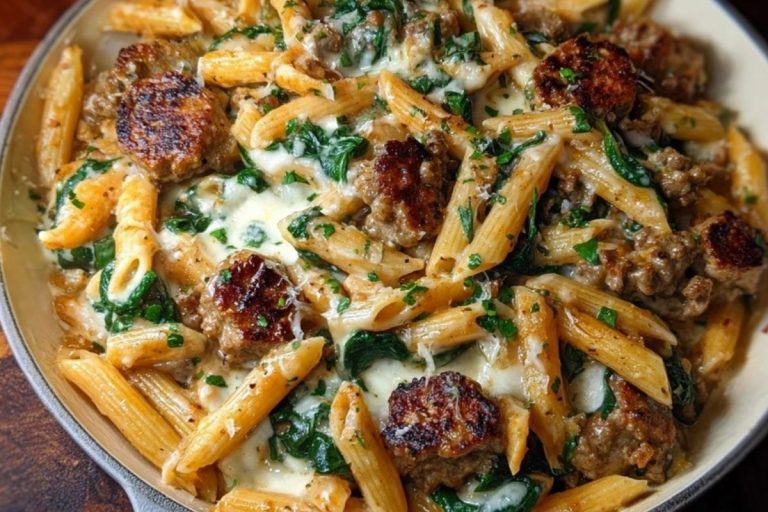 Creamy Garlic Butter Beef Penne with Sausage and Spinach