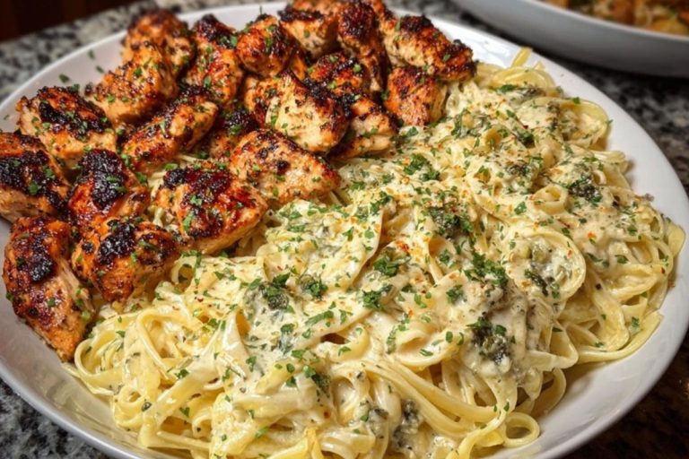 Creamy Garlic Butter Chicken & Linguine in Alfredo Sauce