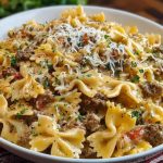 Creamy Ground Beef Bowtie Pasta with Mozzarella and Parmesan