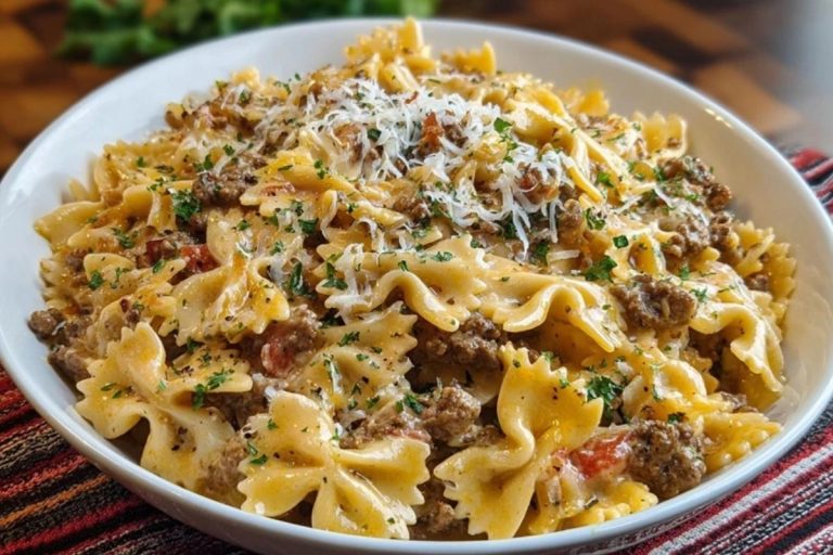 Creamy Ground Beef Bowtie Pasta with Mozzarella and Parmesan