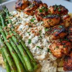 Delicious Greek Chili Chicken Alfredo with Smoked Feta Cream & Crispy Parmesan Asparagus
