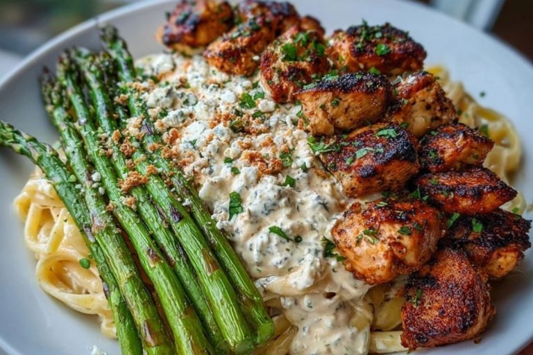 Delicious Greek Chili Chicken Alfredo with Smoked Feta Cream & Crispy Parmesan Asparagus