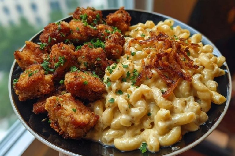 Garlic Butter Chicken Bites & Cajun Alfredo Mac with Crispy Onion Topping