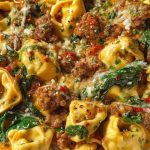 Garlic Butter Tortellini in Creamy Sauce with Beef, Italian Sausage & Spinach