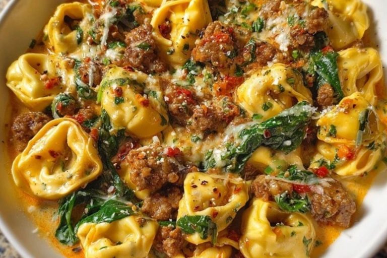 Garlic Butter Tortellini in Creamy Sauce with Beef, Italian Sausage & Spinach