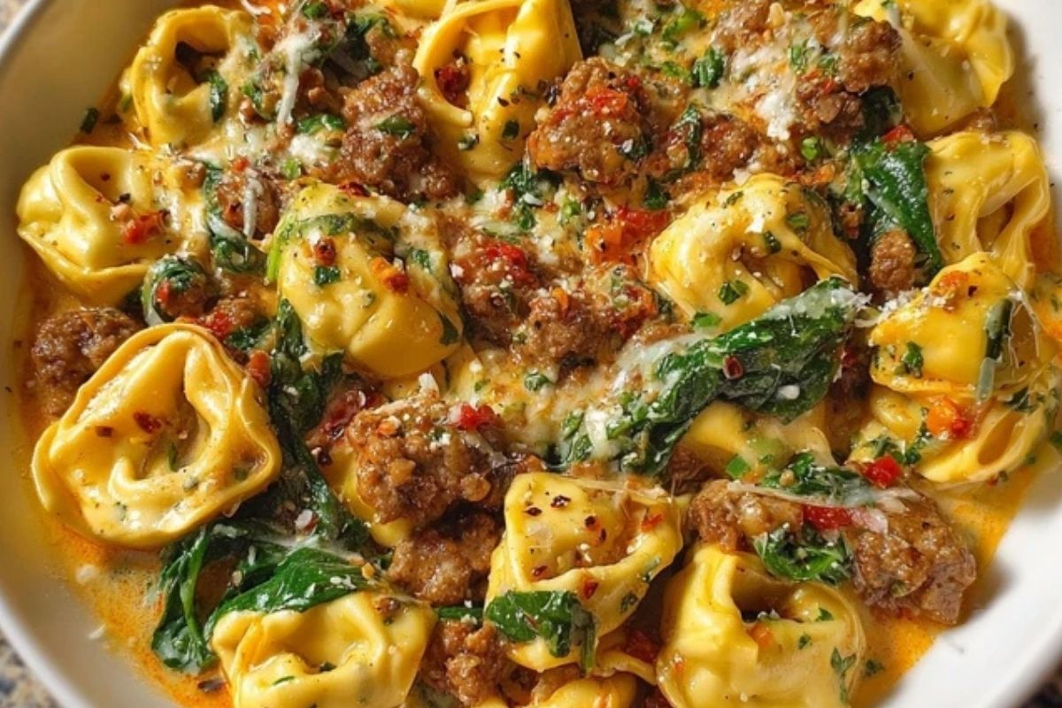 Garlic Butter Tortellini in Creamy Sauce with Beef, Italian Sausage & Spinach