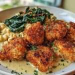 Garlic Parmesan Chicken Bites with Hot Cajun Alfredo & Crispy Spinach Twists