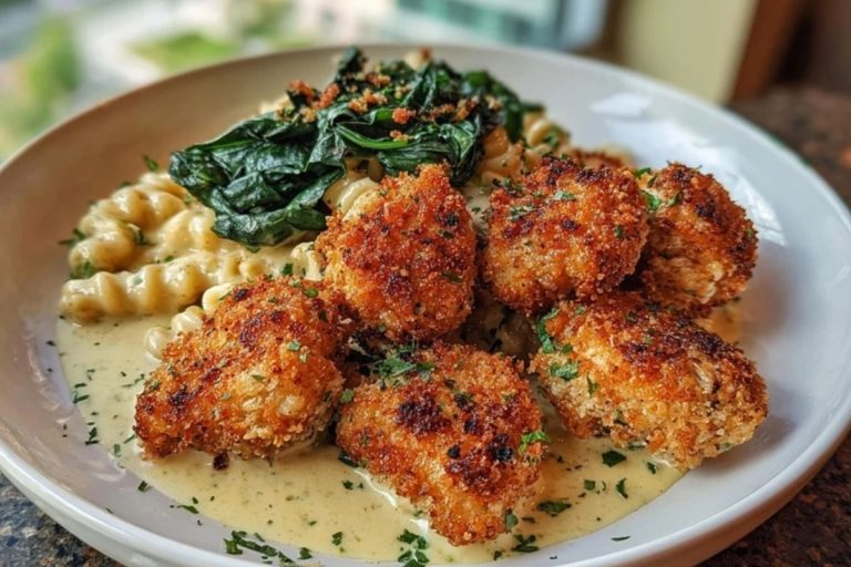 Garlic Parmesan Chicken Bites with Hot Cajun Alfredo & Crispy Spinach Twists