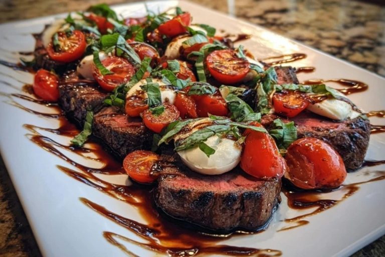 Grilled Balsamic Steak Caprese with Mozzarella, Tomatoes, and Basil