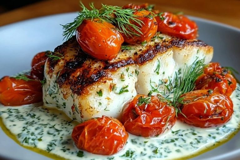 Grilled Cod with Roasted Tomatoes & Creamy Dill Sauce