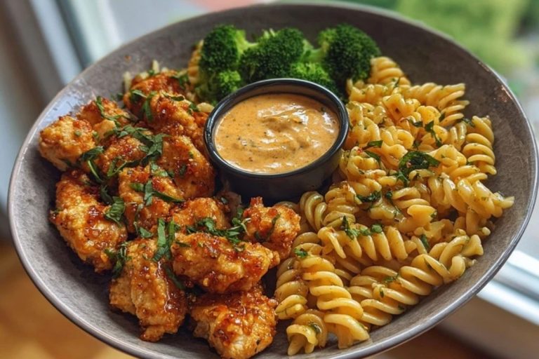 Hot Honey Garlic Chicken Bites & Cajun Alfredo with Crispy Broccoli Twists