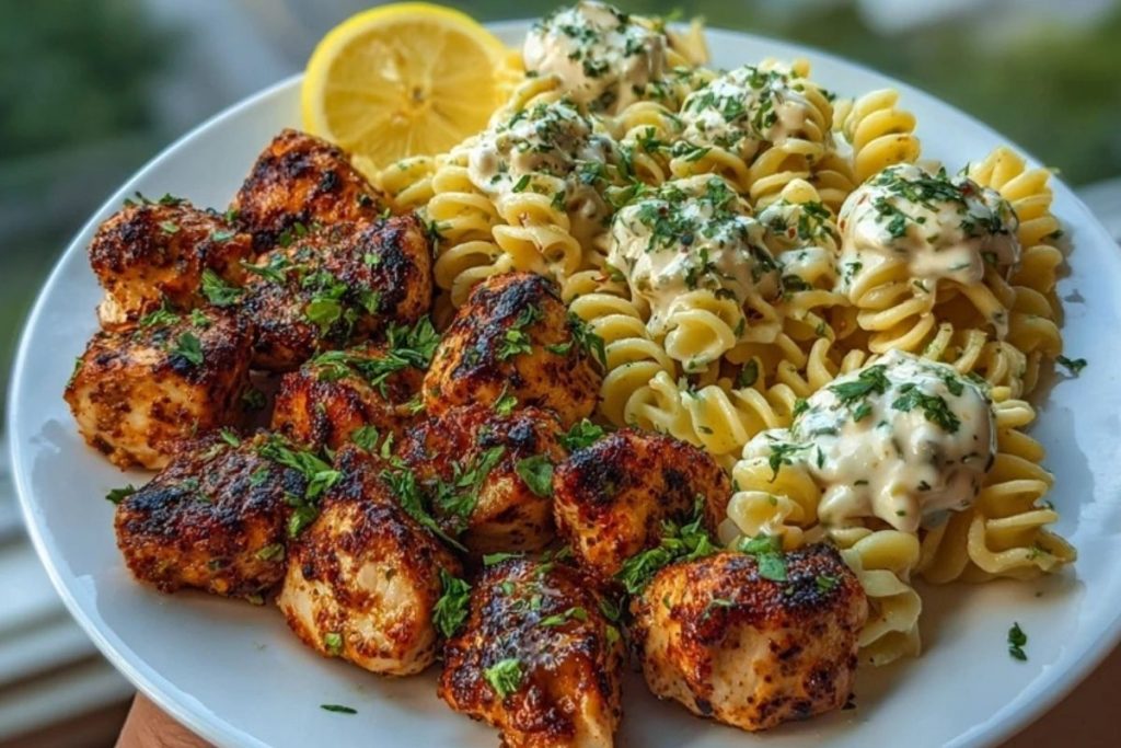 Lemon Cajun Chicken Bites with Creamy Garlic Herb Alfredo Twists
