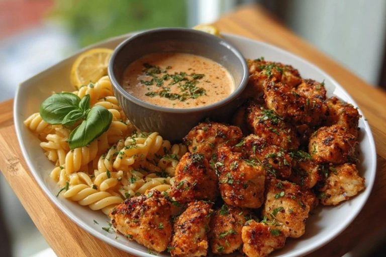 Lemon Pepper Chicken Bites & Roasted Red Pepper Cajun Alfredo Twists
