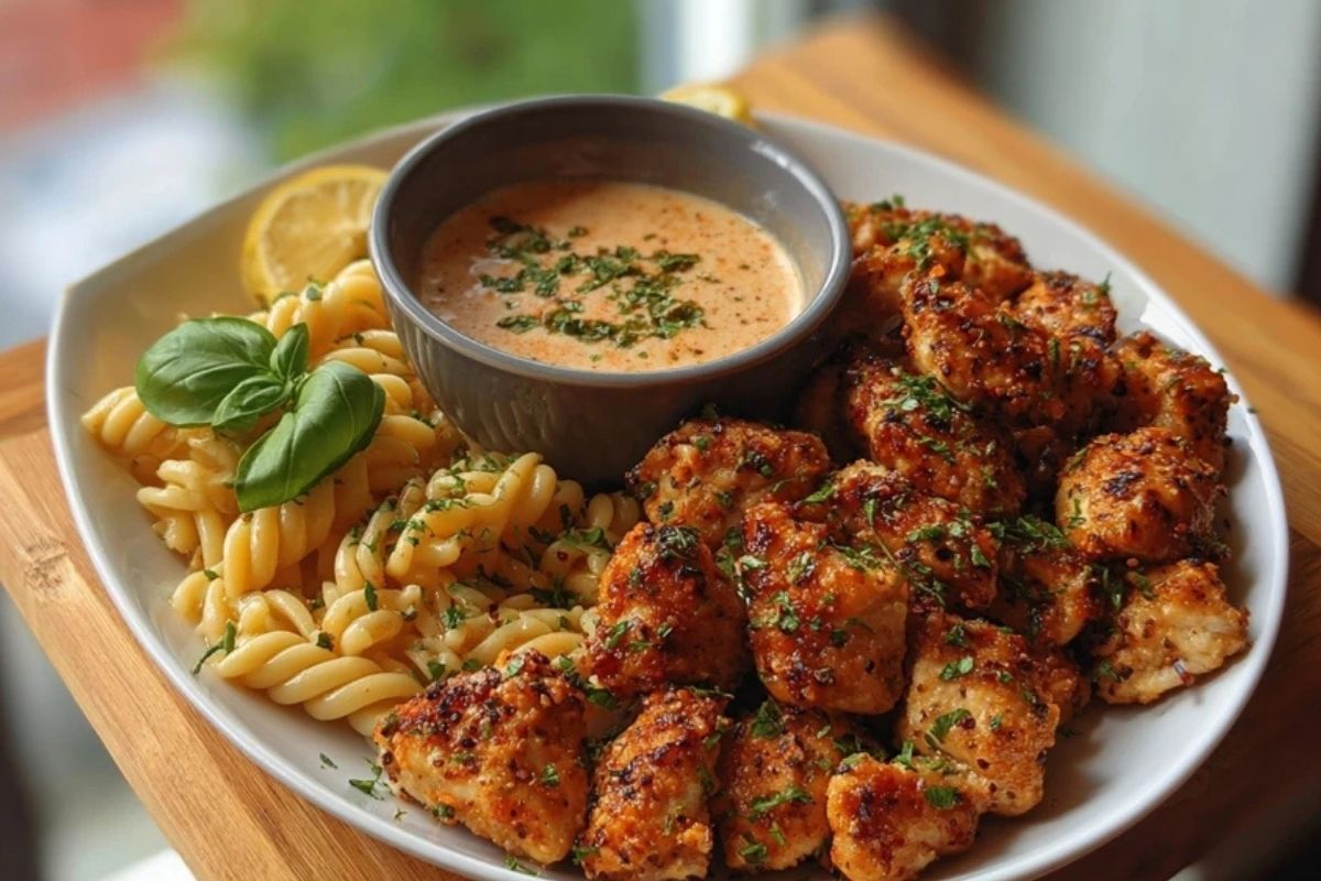 Lemon Pepper Chicken Bites & Roasted Red Pepper Cajun Alfredo Twists