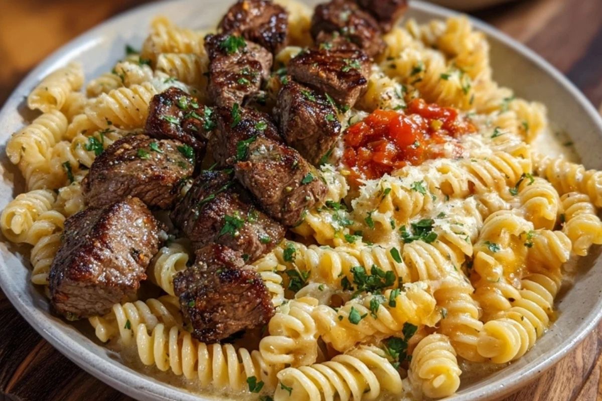 Steak Bites and Cheesy Rotini in Garlic Parmesan Sauce