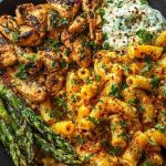 Zesty Greek Chicken Pasta with Spicy Harissa Feta Cream & Roasted Asparagus Crisps