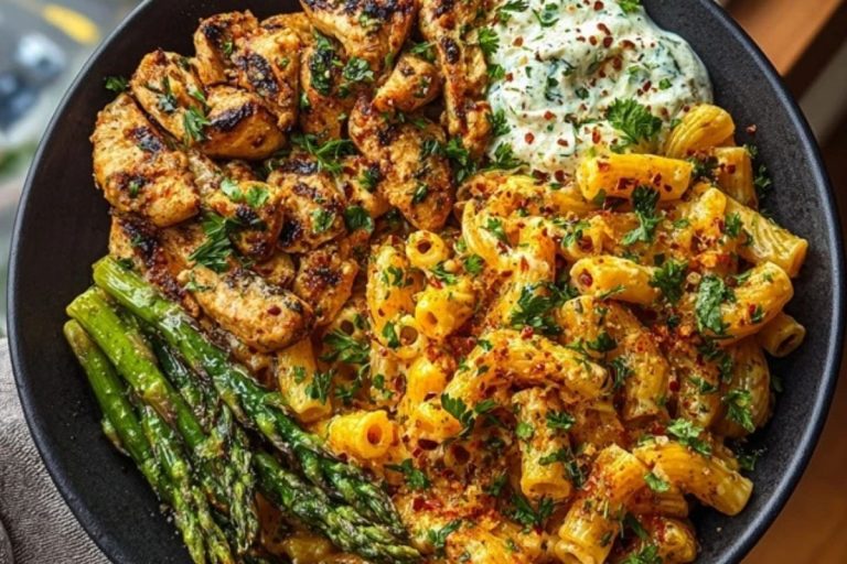 Zesty Greek Chicken Pasta with Spicy Harissa Feta Cream & Roasted Asparagus Crisps