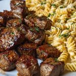 Cajun Steak Bites with Cheesy Garlic Shell Pasta Skillet