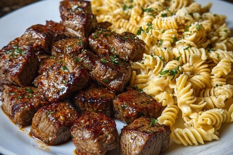 Cajun Steak Bites with Cheesy Garlic Shell Pasta Skillet