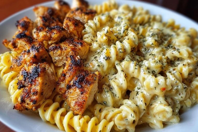 Cheesy Alfredo Twisted Pasta with Golden Garlic Butter Chicken in Creamy Sauce