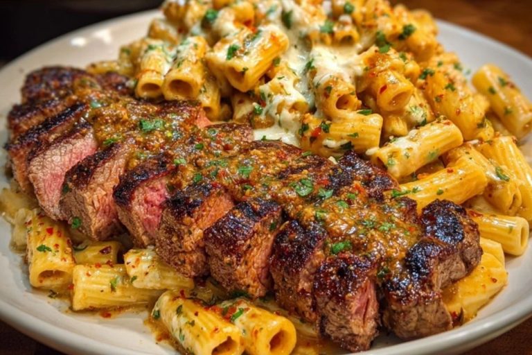 Cheesy Cajun Garlic Butter Steak with Creamy Rigatoni