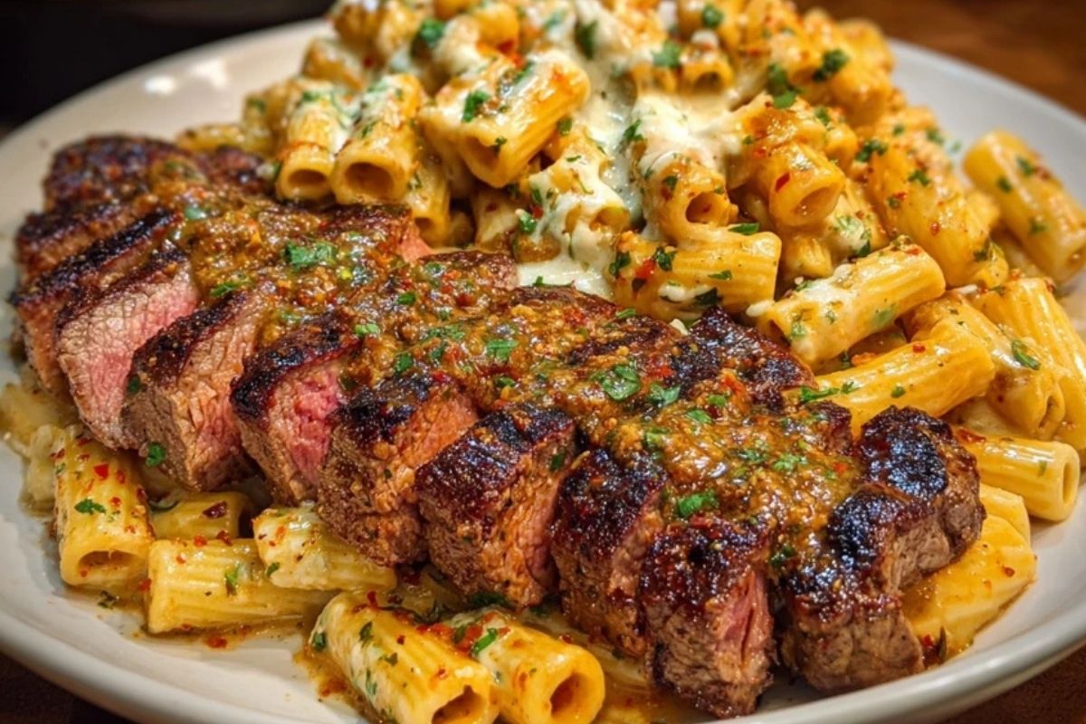 Cheesy Cajun Garlic Butter Steak with Creamy Rigatoni