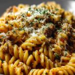 Cheesy Rotini Pasta with Garlic Butter Sauce and Ground Beef