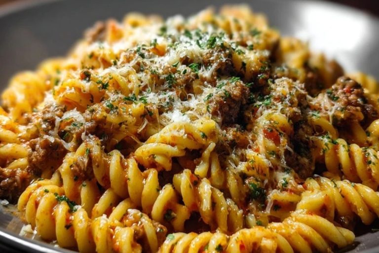 Cheesy Rotini Pasta with Garlic Butter Sauce and Ground Beef