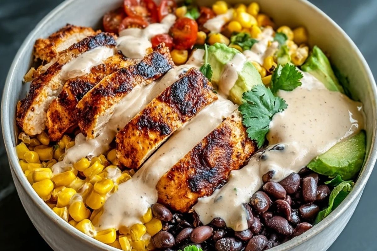 Chipotle Chicken Bowl with Black Beans, Corn, & Creamy Sauce