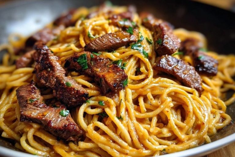 Creamy Cajun Garlic Butter Spaghetti with Beef Strips