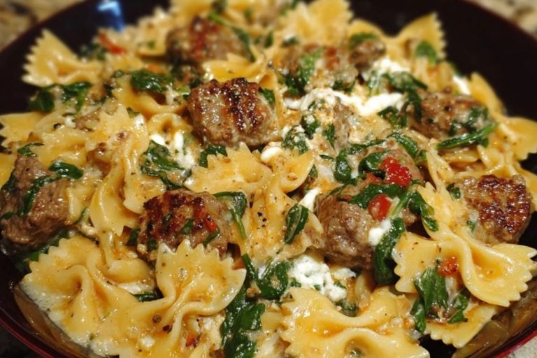 Creamy Garlic Butter Beef Bowtie Pasta with Italian Sausage & Spinach