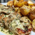 Creamy Garlic Mushroom Alfredo Chicken & Potatoes with Basil Pesto