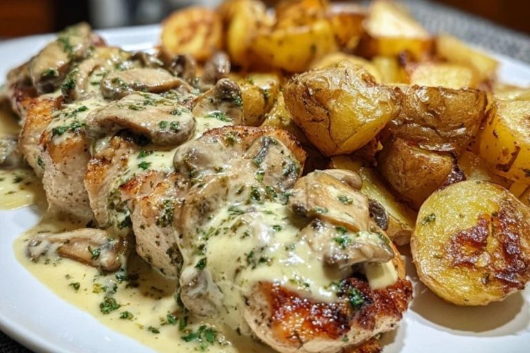 Creamy Garlic Mushroom Alfredo Chicken & Potatoes with Basil Pesto