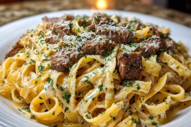 Creamy Parmesan Beef Fettuccine with Garlic Butter Sauce