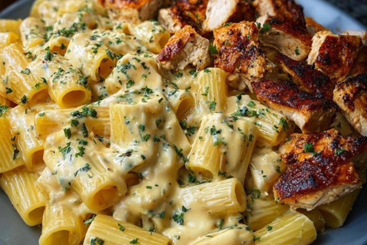 Creamy Velveeta Chicken Rigatoni with Mozzarella Garlic Sauce
