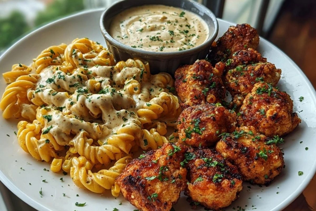 Crispy Chicken Bites & Blackened Cajun Alfredo with Roasted Corn Twists