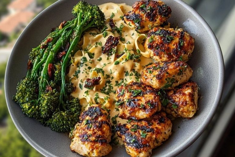 Easy Garlic-Parmesan Chicken Bites Recipe with Sun-Dried Tomato Cajun Alfredo & Charred Broccolini